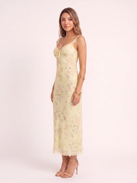 Florisse Lace-Trim Midi Dress – Floral Midi Dress Women Vintage Garden Party Summer Slip Midi Dress