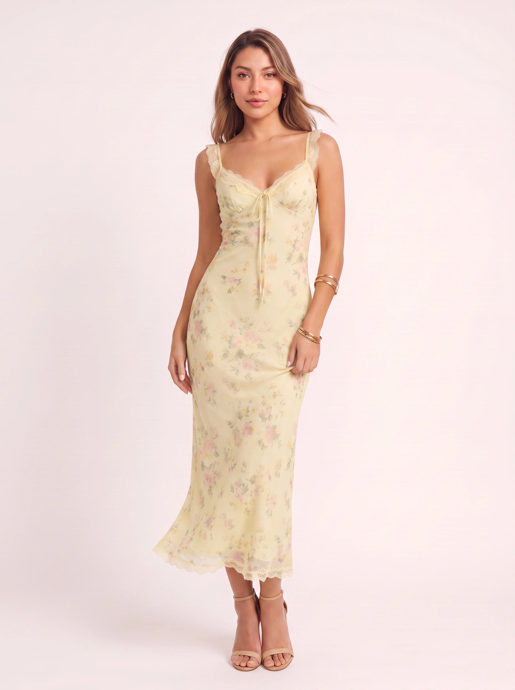 Florisse Lace-Trim Midi Dress – Floral Midi Dress Women Vintage Garden Party Summer Slip Midi Dress