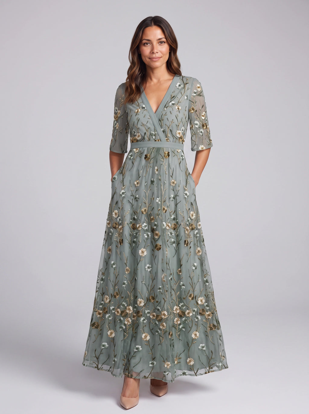 Brocage Embroidered Plunge Maxi Dress – Floral Sequin Wedding Guest Women Formal Evening Party Maxi Dress