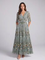 Brocage Embroidered Plunge Maxi Dress – Floral Sequin Wedding Guest Women Formal Evening Party Maxi Dress