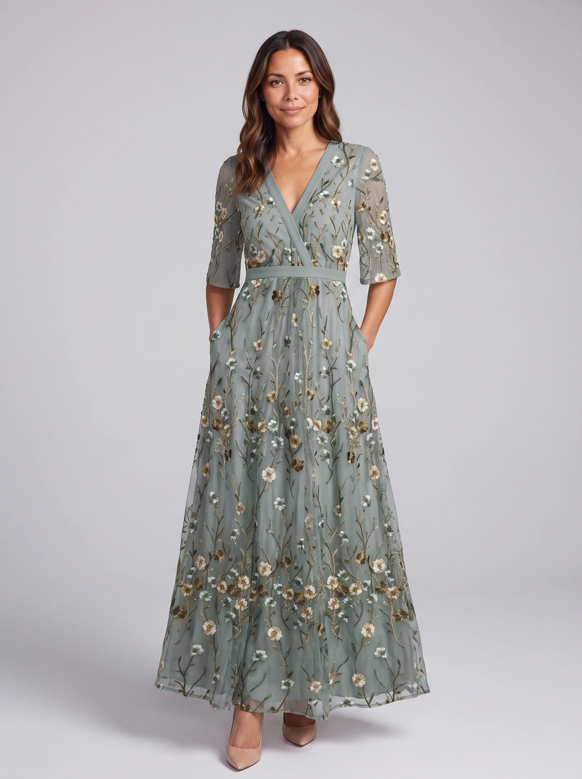 Brocage Embroidered Plunge Maxi Dress – Floral Sequin Wedding Guest Women Formal Evening Party Maxi Dress