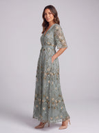 Brocage Embroidered Plunge Maxi Dress – Floral Sequin Wedding Guest Women Formal Evening Party Maxi Dress