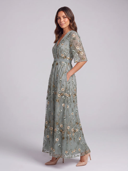 Brocage Embroidered Plunge Maxi Dress – Floral Sequin Wedding Guest Women Formal Evening Party Maxi Dress