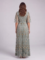 Brocage Embroidered Plunge Maxi Dress – Floral Sequin Wedding Guest Women Formal Evening Party Maxi Dress