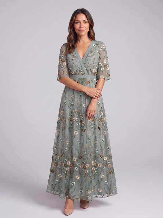Brocage Embroidered Plunge Maxi Dress – Floral Sequin Wedding Guest Women Formal Evening Party Maxi Dress