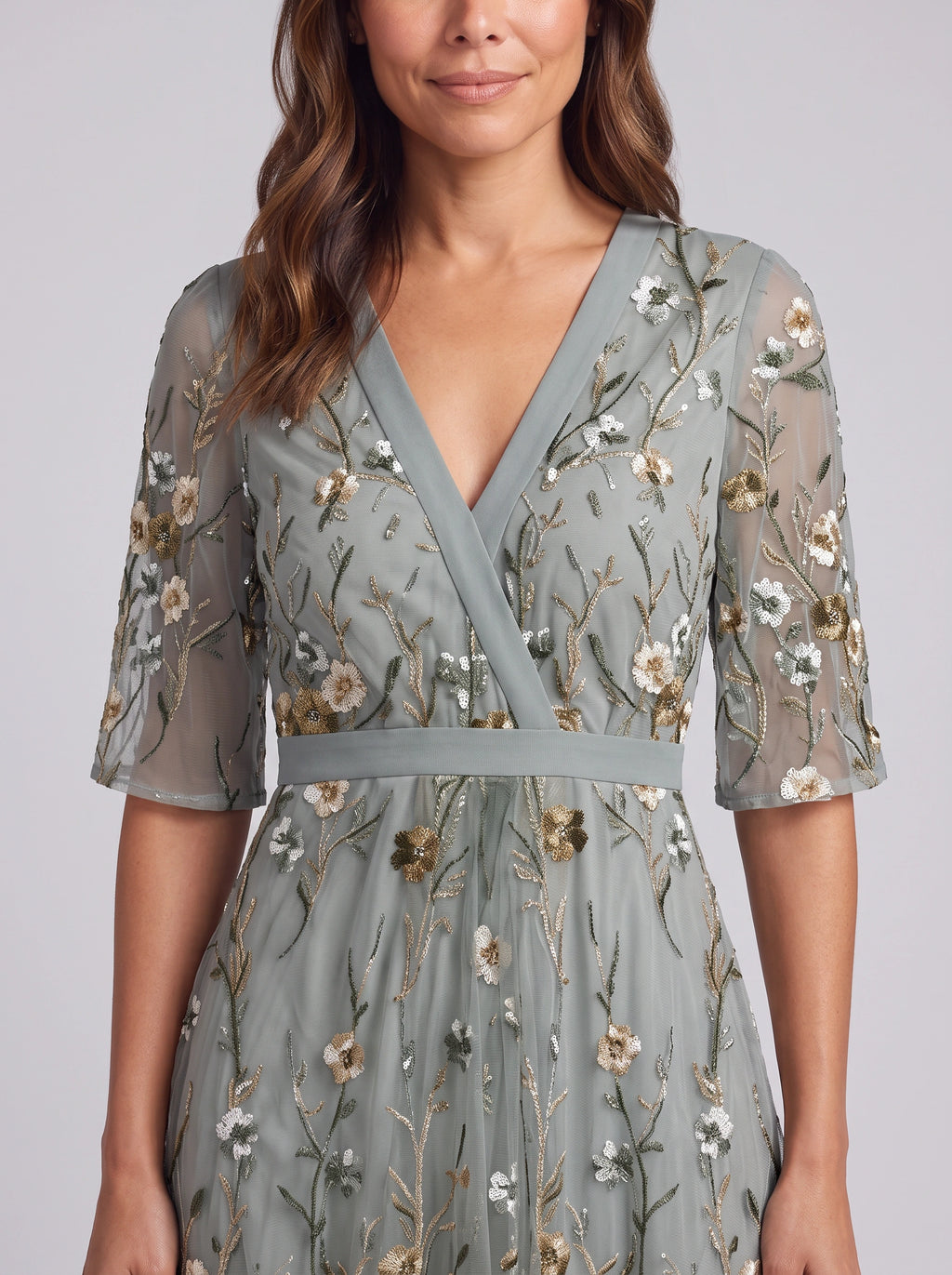 Brocage Embroidered Plunge Maxi Dress – Floral Sequin Wedding Guest Women Formal Evening Party Maxi Dress