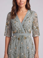 Brocage Embroidered Plunge Maxi Dress – Floral Sequin Wedding Guest Women Formal Evening Party Maxi Dress