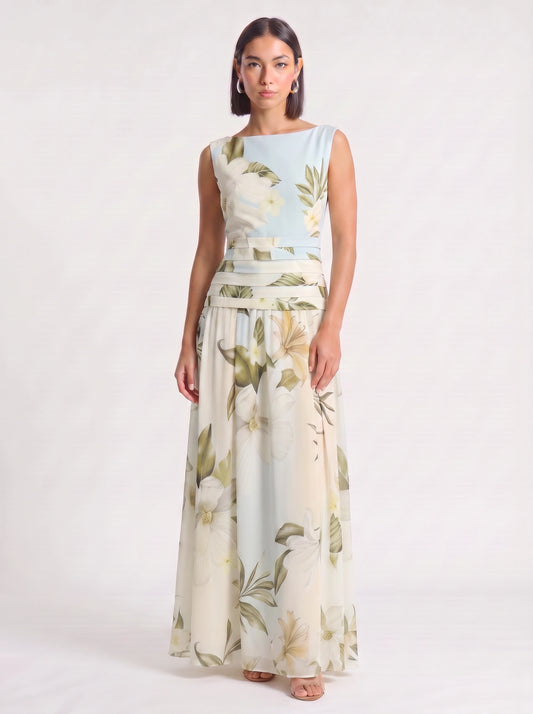 Magnolya Boat Neck Maxi Dress – Floral Maxi Dress Women Wedding Guest Elegant Evening Long Floral Dress