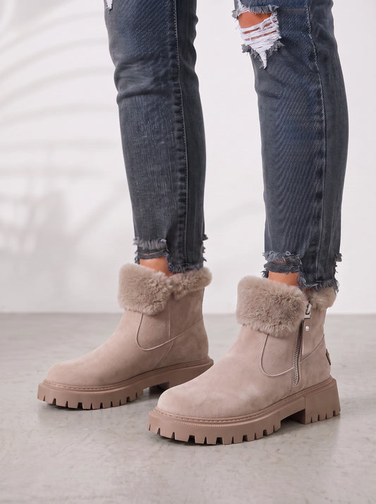 Treadelle Fur-Lined Ankle Boots – Chunky Platform Women Winter Faux Fur Suede Zip Boots