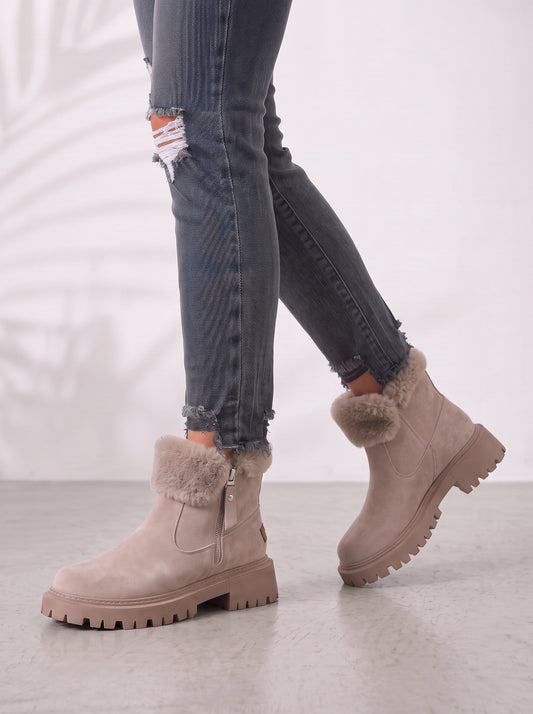Treadelle Fur-Lined Ankle Boots – Chunky Platform Women Winter Faux Fur Suede Zip Boots