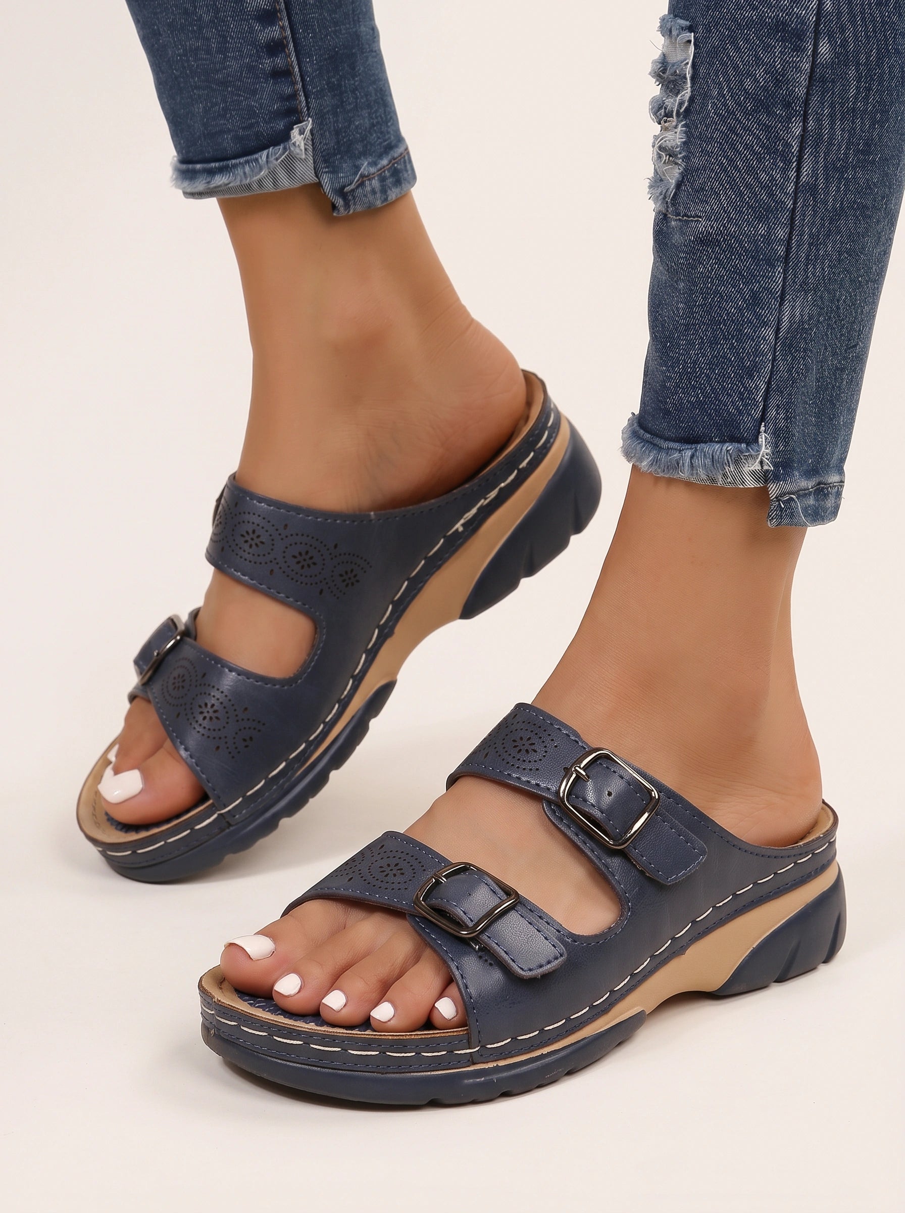 Buckora Double Buckle Slide Sandals – Leather Platform Comfort Women Summer Casual Walking Orthopedic Slide Sandals