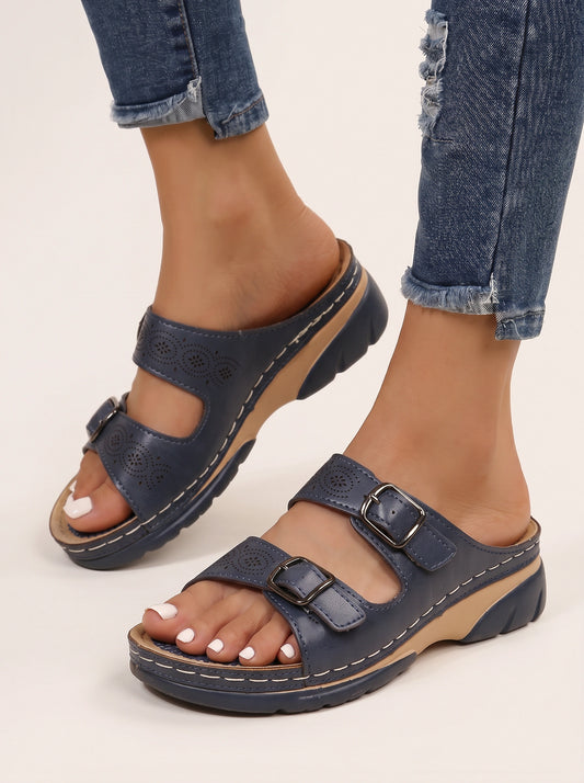 Buckora Double Buckle Slide Sandals – Leather Platform Comfort Women Summer Casual Walking Orthopedic Slide Sandals