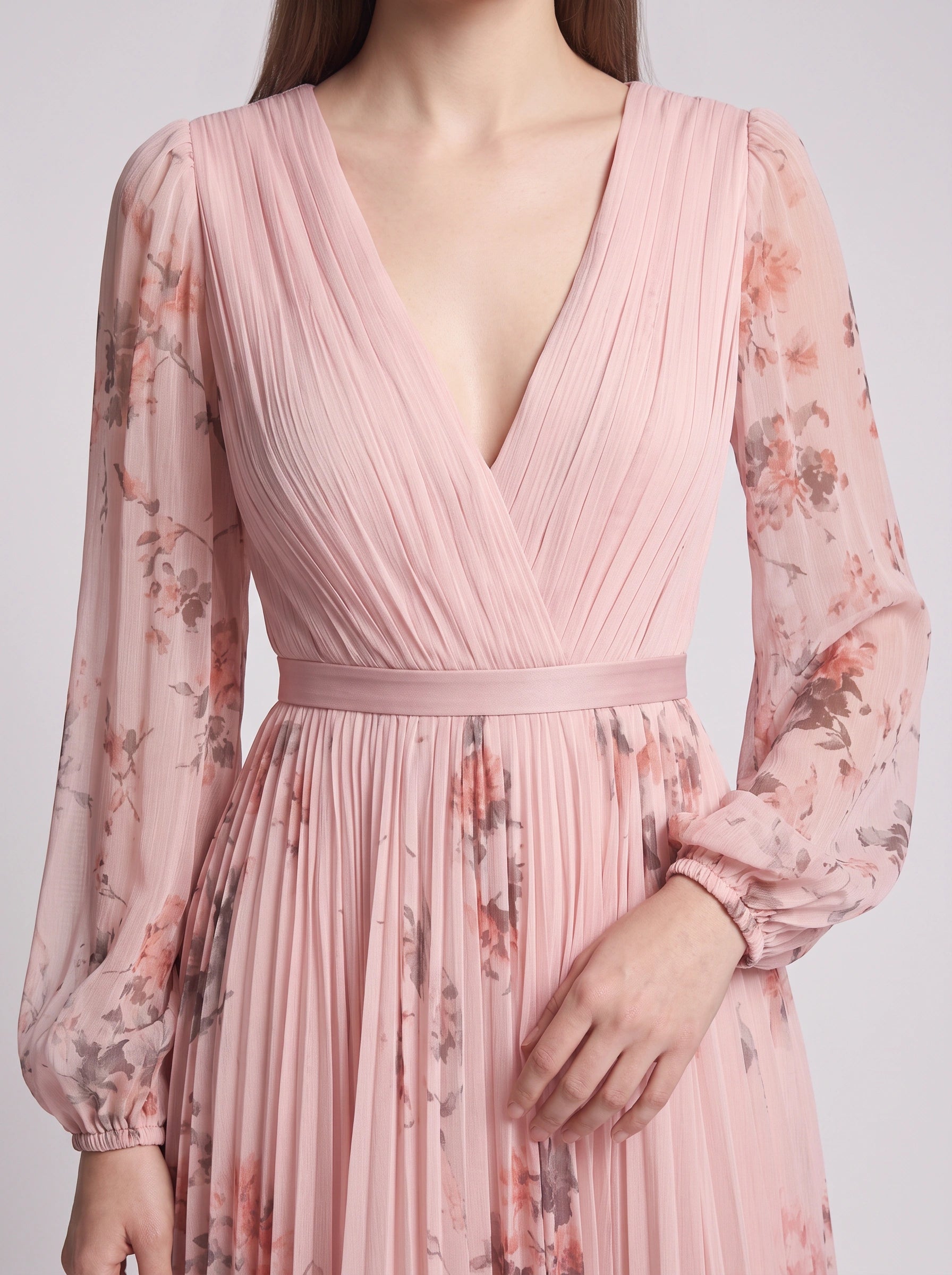 Rosavent Pleated Wrap Maxi Dress – Floral Print Women Wedding Guest Formal Evening Long Sleeve Maxi Dress