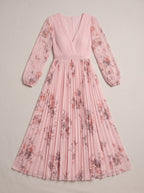Rosavent Pleated Wrap Maxi Dress – Floral Print Women Wedding Guest Formal Evening Long Sleeve Maxi Dress