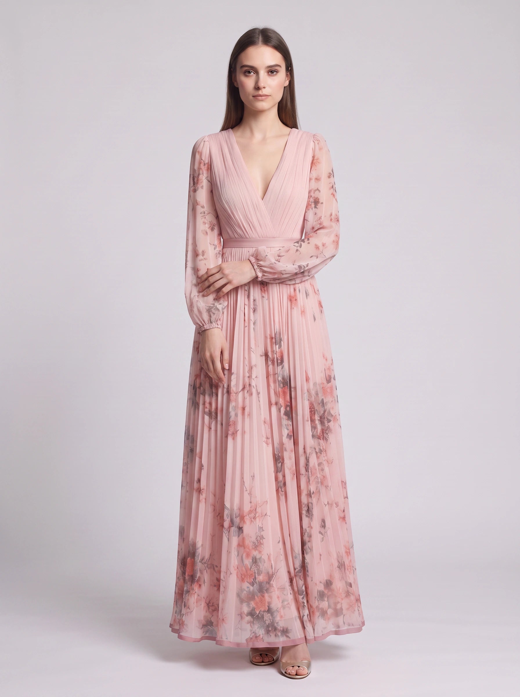 Rosavent Pleated Wrap Maxi Dress – Floral Print Women Wedding Guest Formal Evening Long Sleeve Maxi Dress