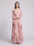 Rosavent Pleated Wrap Maxi Dress – Floral Print Women Wedding Guest Formal Evening Long Sleeve Maxi Dress