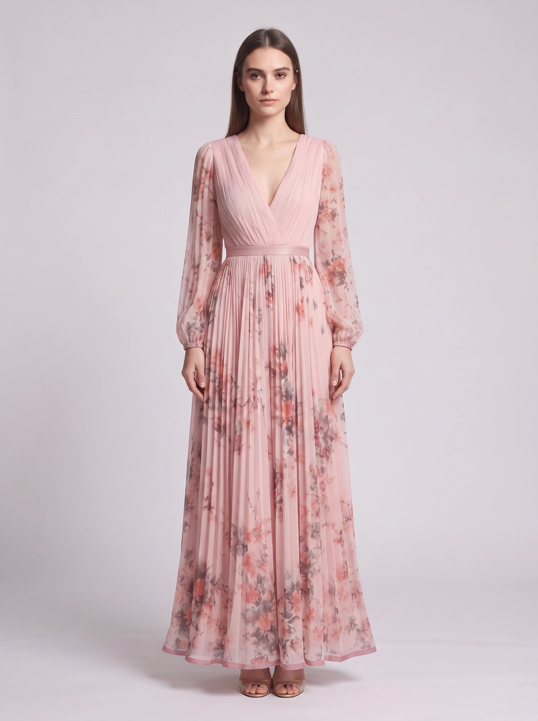 Rosavent Pleated Wrap Maxi Dress – Floral Print Women Wedding Guest Formal Evening Long Sleeve Maxi Dress