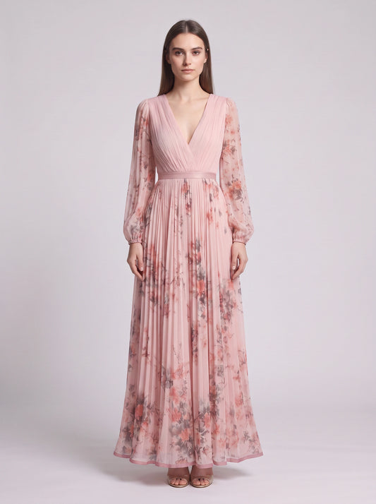 Rosavent Pleated Wrap Maxi Dress – Floral Print Women Wedding Guest Formal Evening Long Sleeve Maxi Dress
