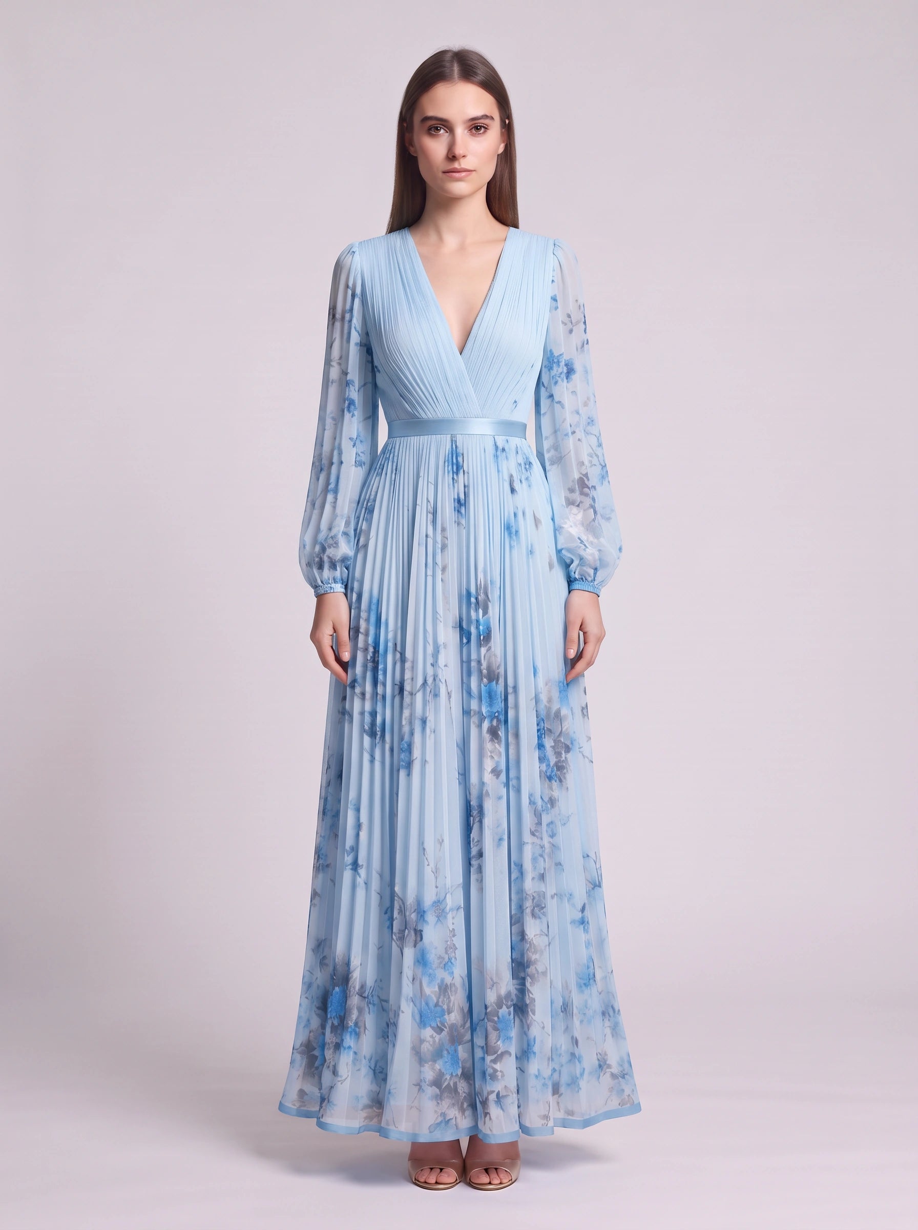 Rosavent Pleated Wrap Maxi Dress – Floral Print Women Wedding Guest Formal Evening Long Sleeve Maxi Dress