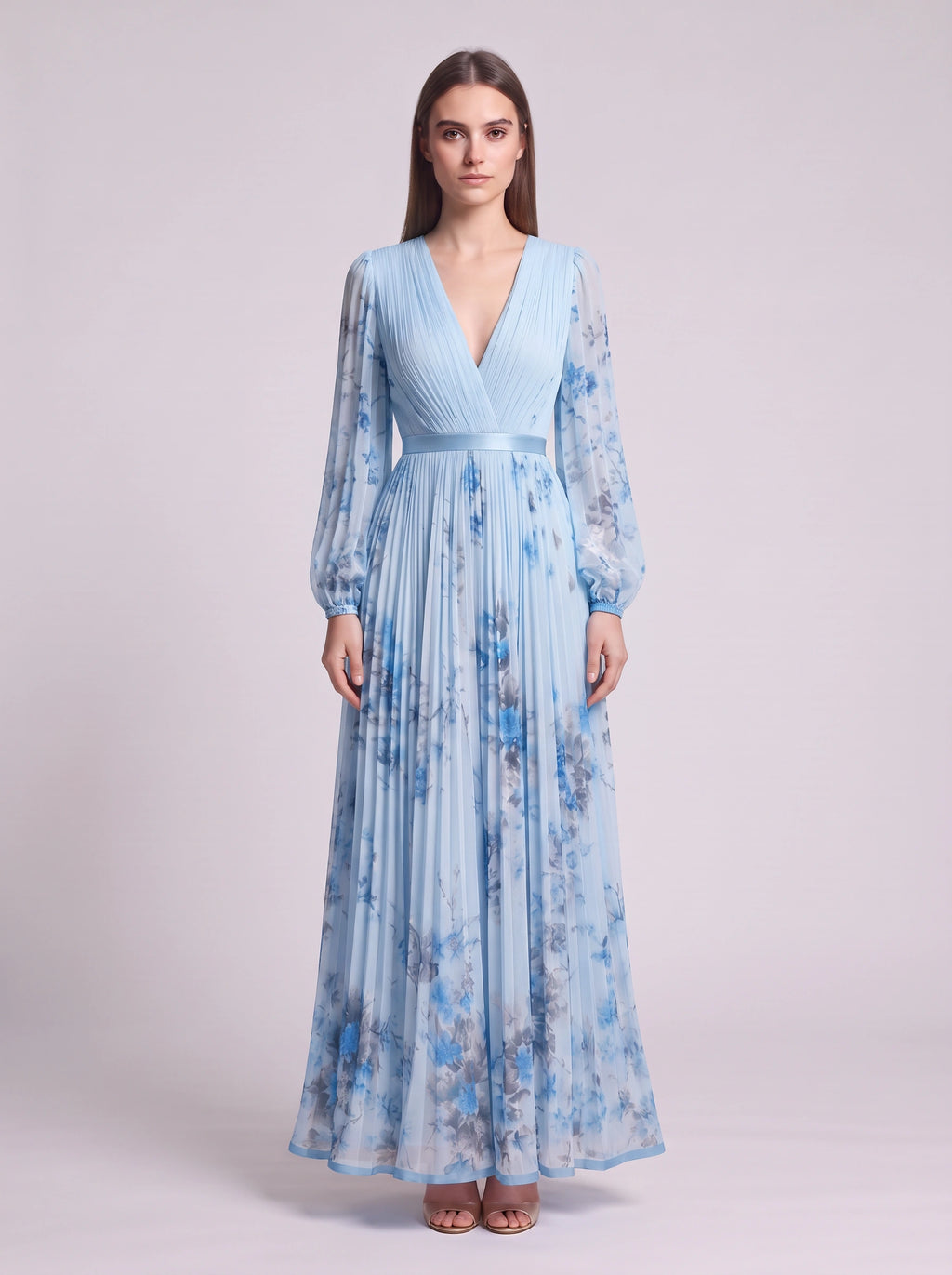 Rosavent Pleated Wrap Maxi Dress – Floral Print Women Wedding Guest Formal Evening Long Sleeve Maxi Dress
