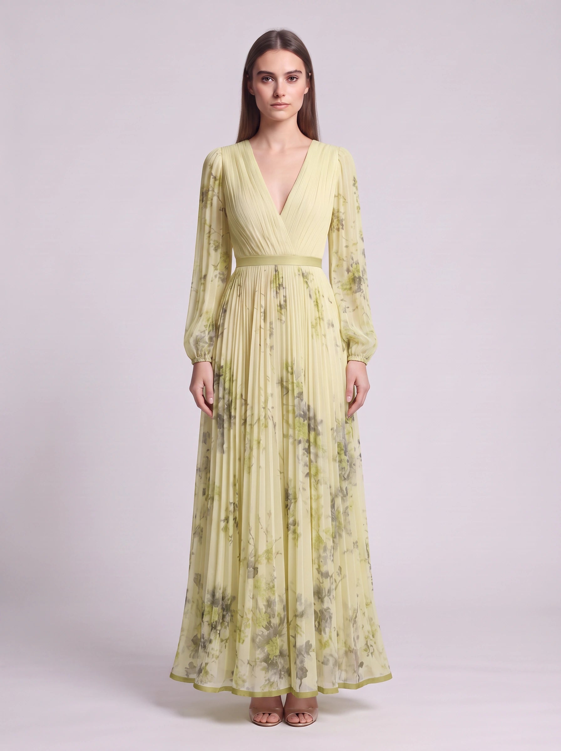 Rosavent Pleated Wrap Maxi Dress – Floral Print Women Wedding Guest Formal Evening Long Sleeve Maxi Dress