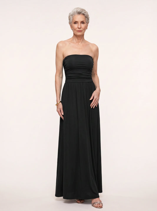 Tascari Strapless Ruched Maxi Dress – Black Strapless Maxi Dress Women Evening Casual Beach Holiday Long Dress