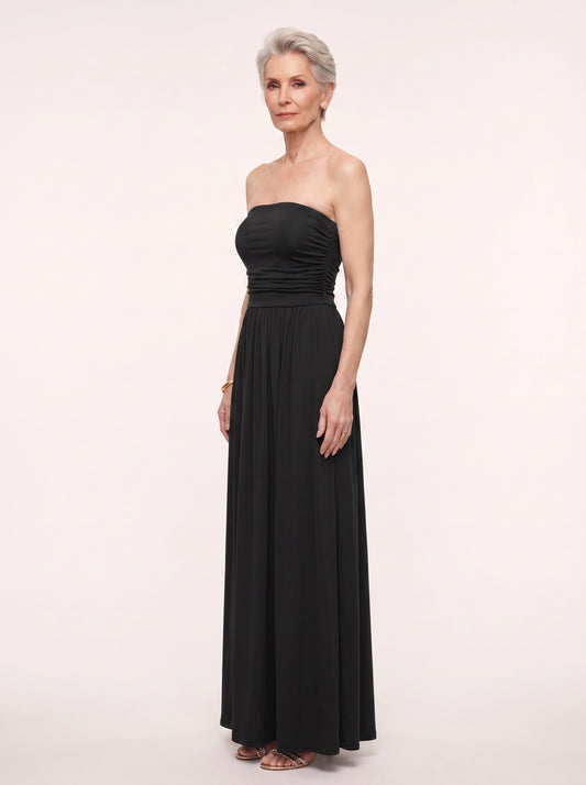 Tascari Strapless Ruched Maxi Dress – Black Strapless Maxi Dress Women Evening Casual Beach Holiday Long Dress