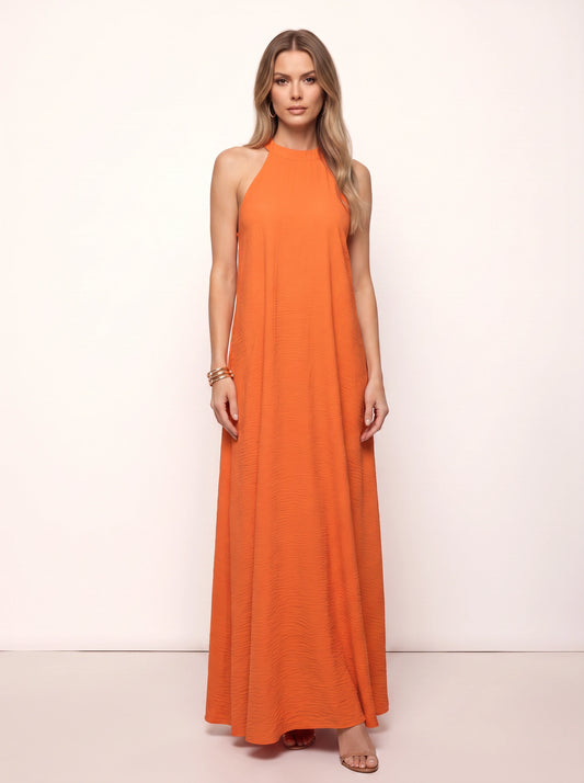 Ripplewave Halter Neck Maxi Dress – Textured Sleeveless Women Summer Wedding Guest Party Evening Maxi Dress