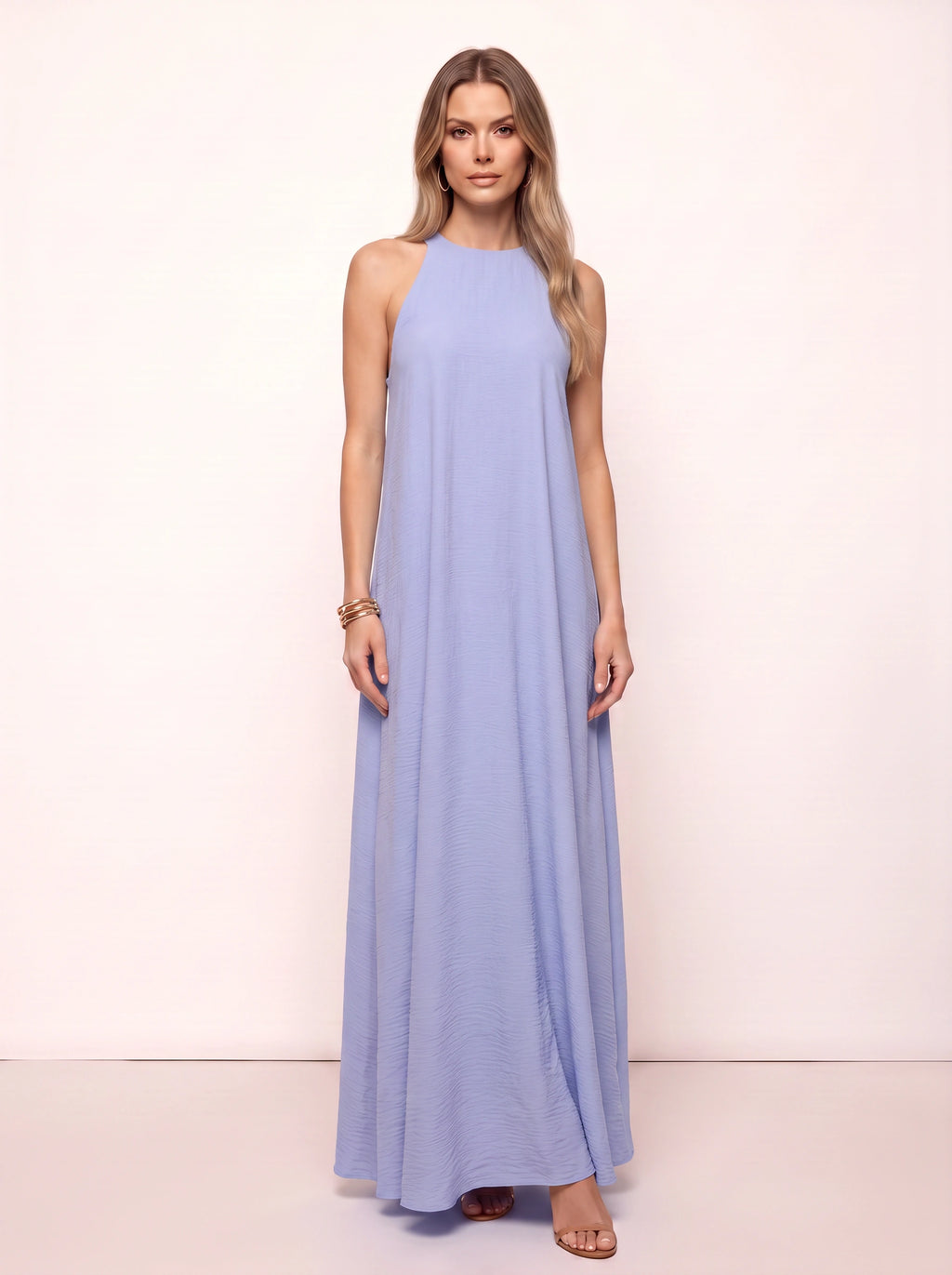 Ripplewave Halter Neck Maxi Dress – Textured Sleeveless Women Summer Wedding Guest Party Evening Maxi Dress