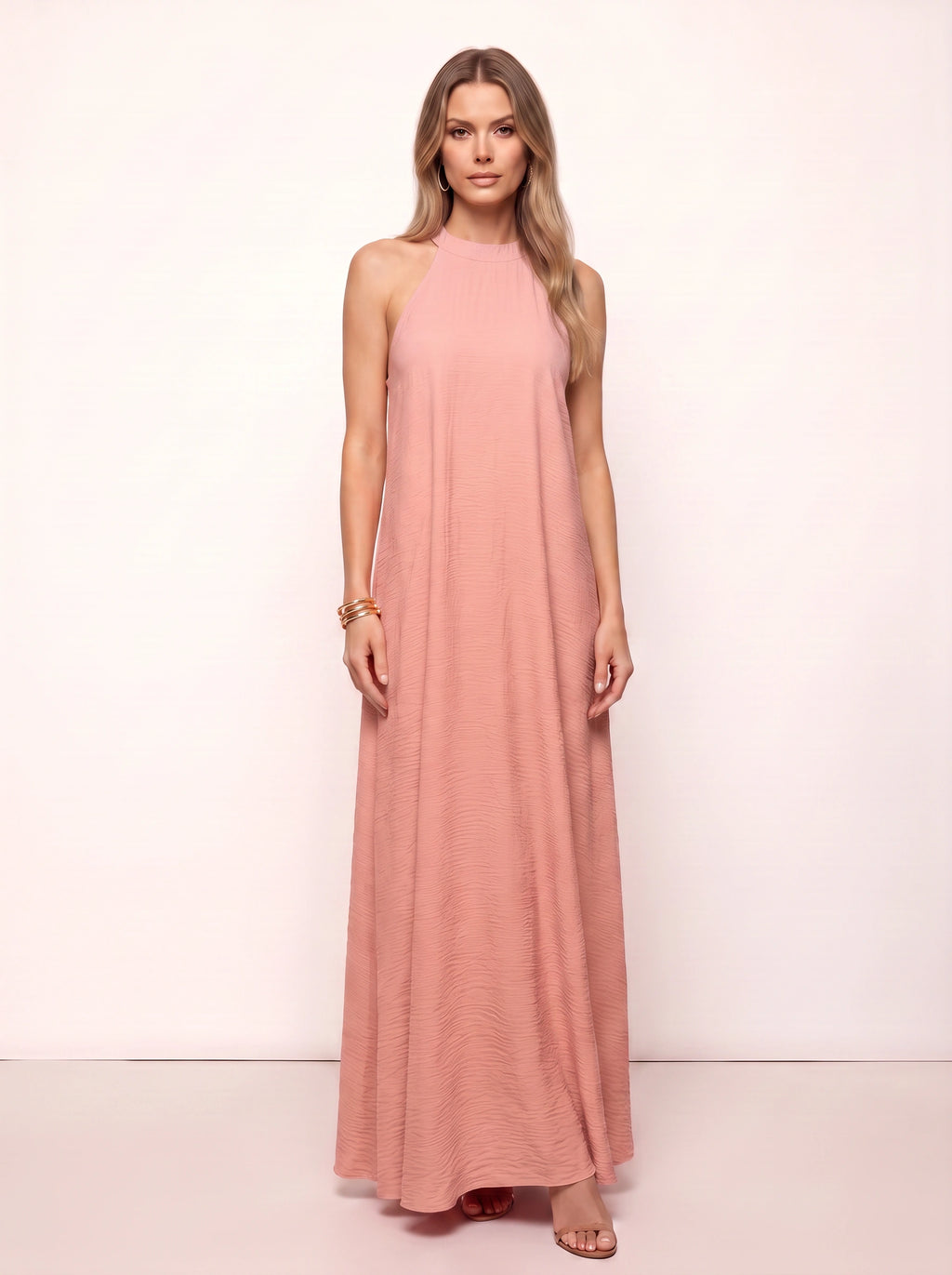 Ripplewave Halter Neck Maxi Dress – Textured Sleeveless Women Summer Wedding Guest Party Evening Maxi Dress