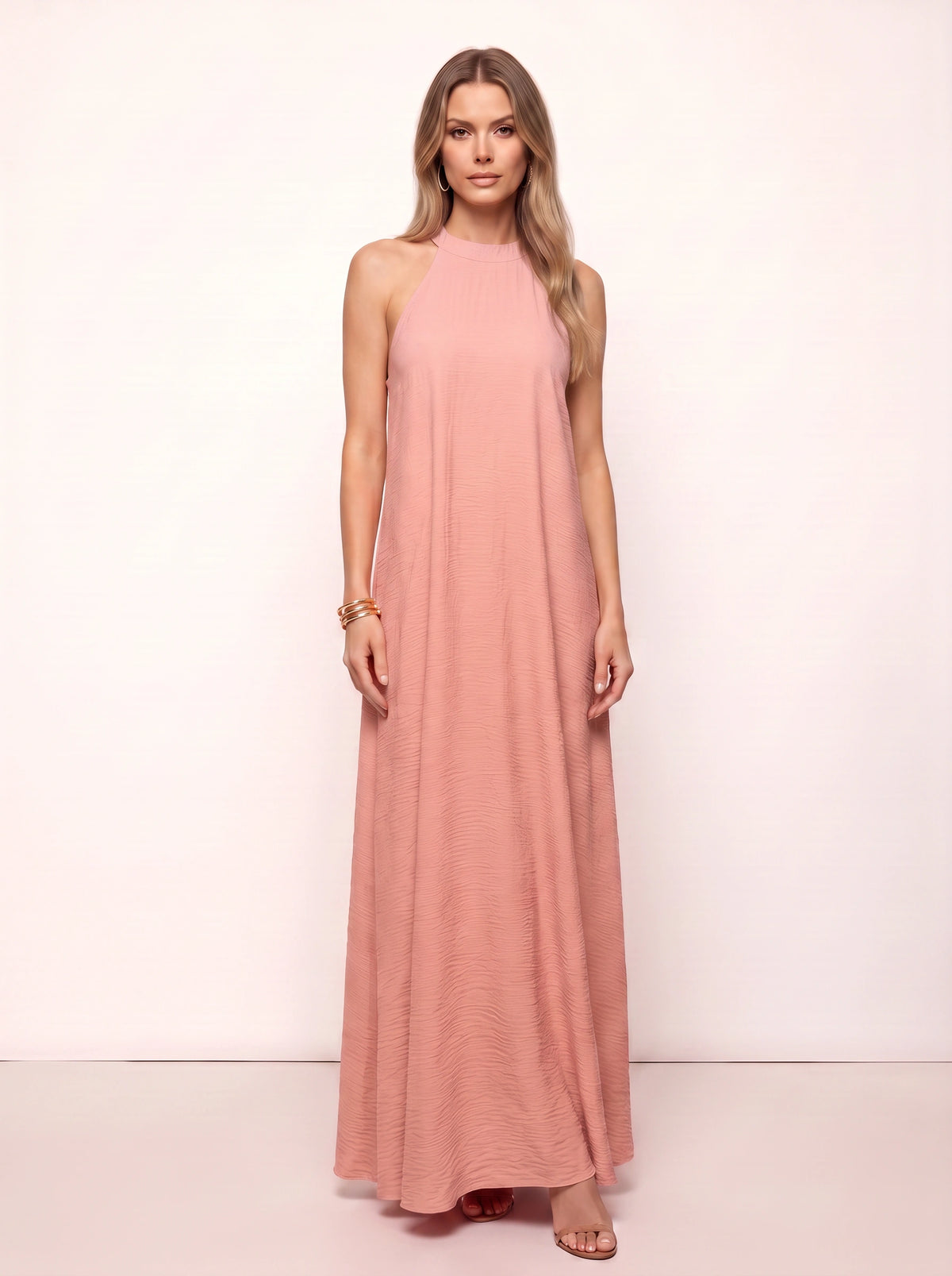 Ripplewave Halter Neck Maxi Dress – Textured Sleeveless Women Summer Wedding Guest Party Evening Maxi Dress
