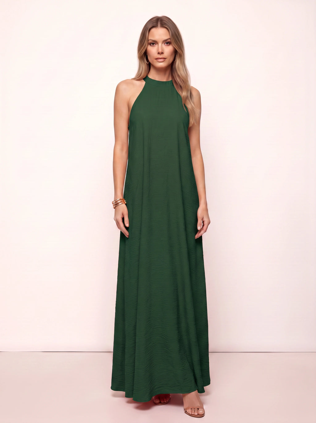 Ripplewave Halter Neck Maxi Dress – Textured Sleeveless Women Summer Wedding Guest Party Evening Maxi Dress