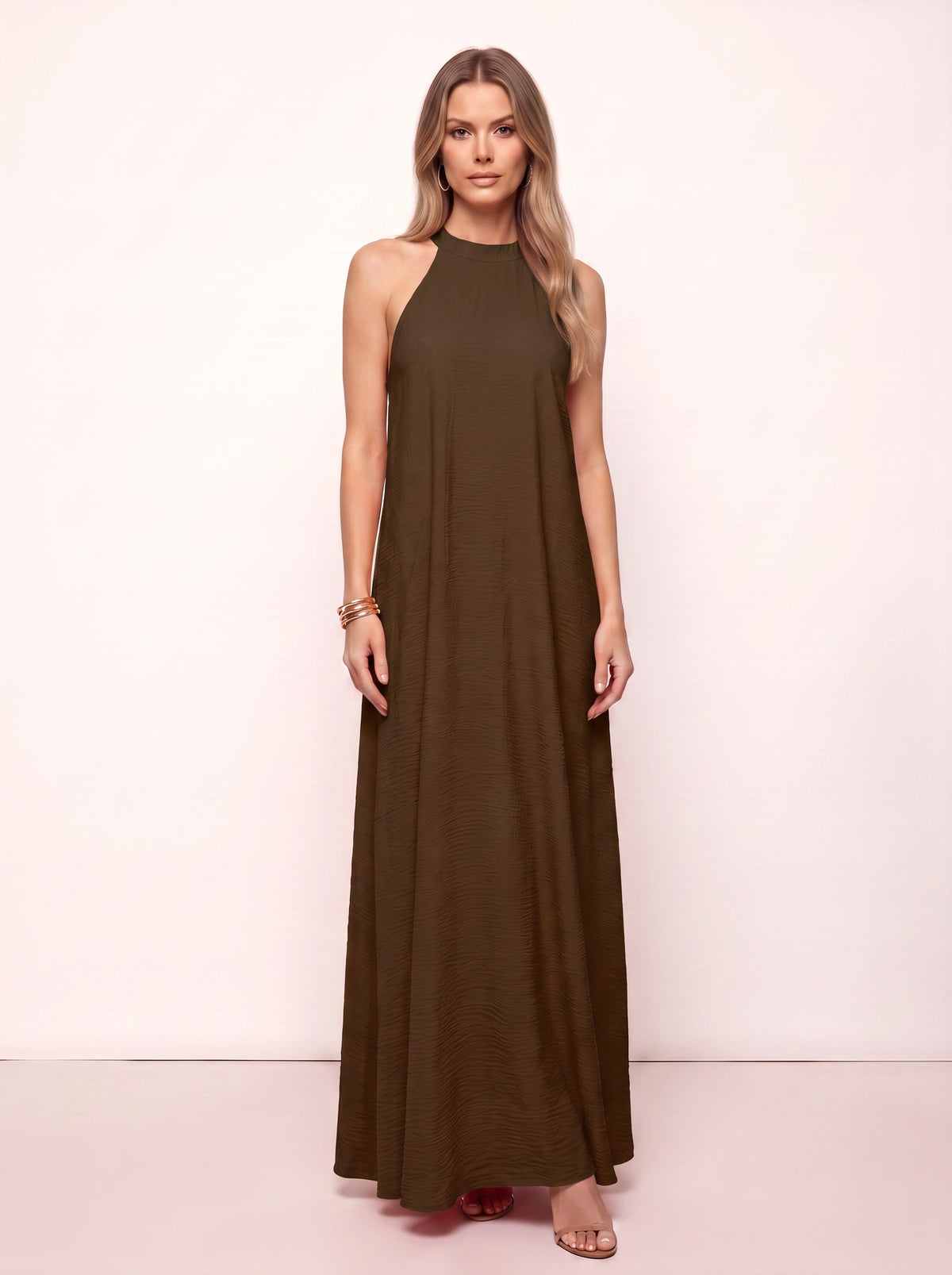 Ripplewave Halter Neck Maxi Dress – Textured Sleeveless Women Summer Wedding Guest Party Evening Maxi Dress