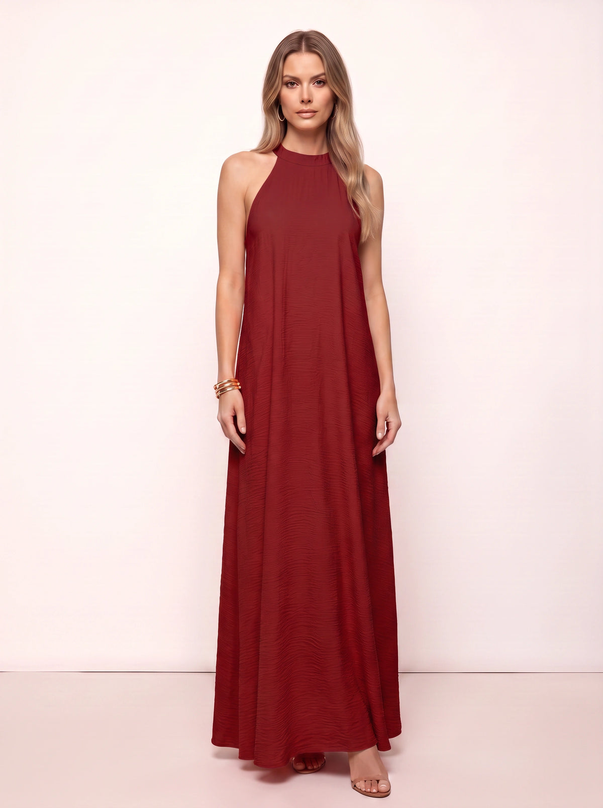 Ripplewave Halter Neck Maxi Dress – Textured Sleeveless Women Summer Wedding Guest Party Evening Maxi Dress