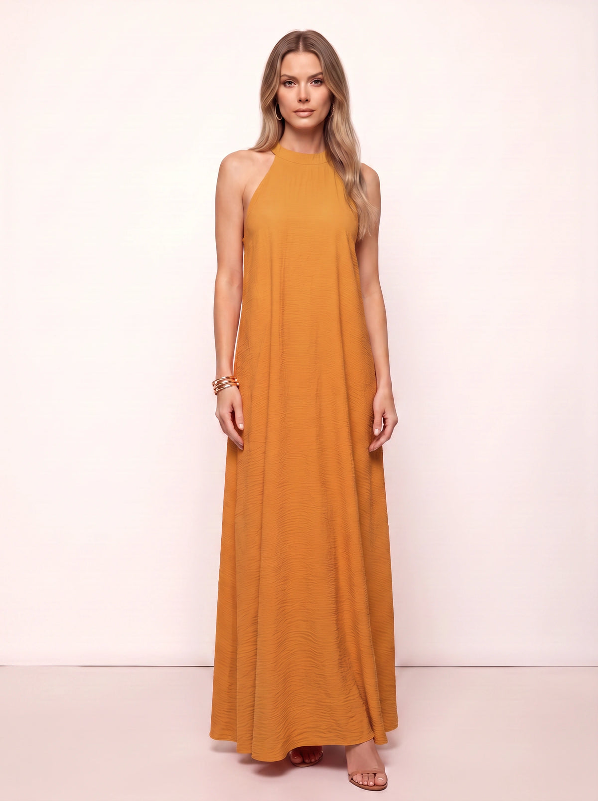 Ripplewave Halter Neck Maxi Dress – Textured Sleeveless Women Summer Wedding Guest Party Evening Maxi Dress