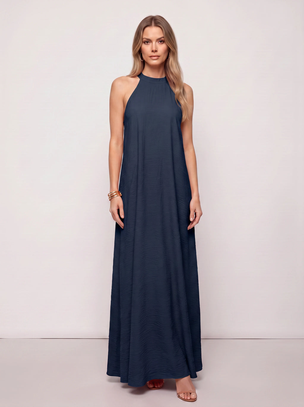 Ripplewave Halter Neck Maxi Dress – Textured Sleeveless Women Summer Wedding Guest Party Evening Maxi Dress