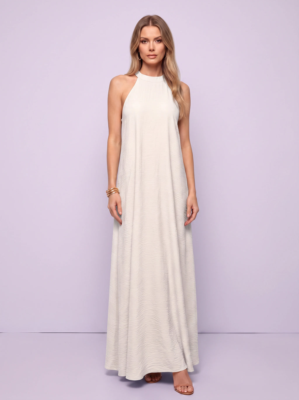Ripplewave Halter Neck Maxi Dress – Textured Sleeveless Women Summer Wedding Guest Party Evening Maxi Dress