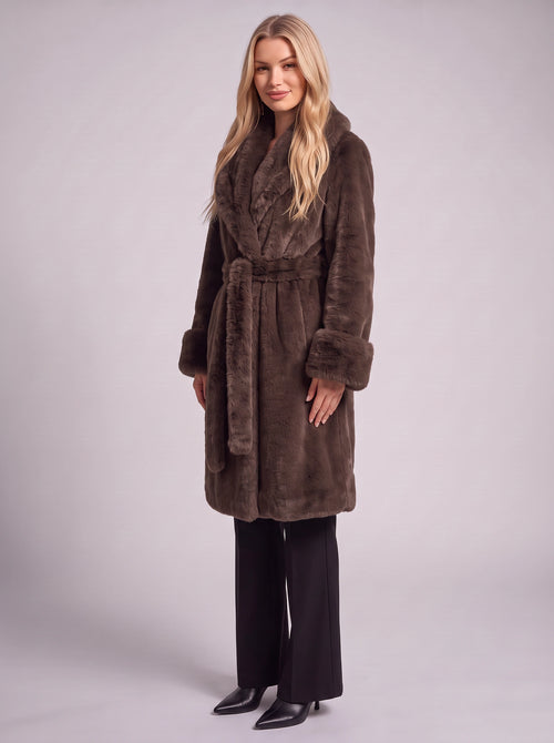 Areleon Belted Longline Faux Fur Coat – Women Wrap Front Winter Fluffy Coat Long Parka Jacket