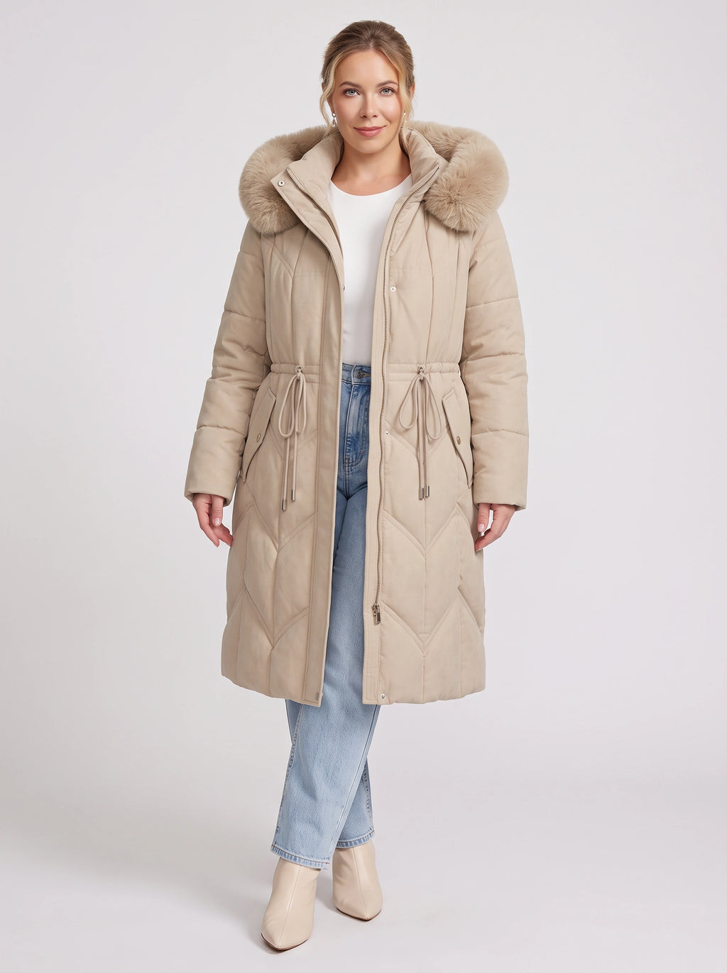 Brenora Faux Fur Hood Longline Puffer Coat – Women Beige Quilted Padded Winter Jacket Outerwear