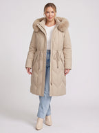 Brenora Faux Fur Hood Longline Puffer Coat – Women Beige Quilted Padded Winter Jacket Outerwear