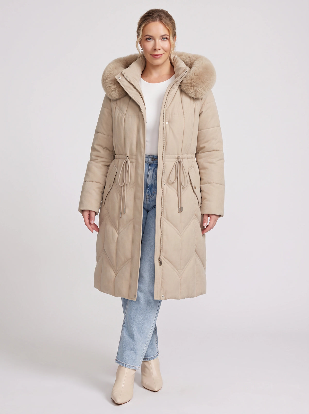 Brenora Faux Fur Hood Longline Puffer Coat – Women Beige Quilted Padded Winter Jacket Outerwear