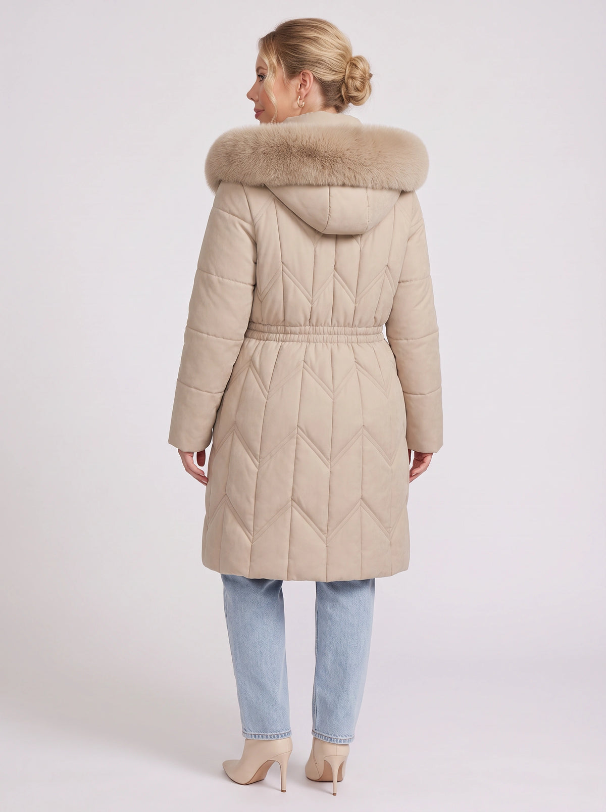 Brenora Faux Fur Hood Longline Puffer Coat – Women Beige Quilted Padded Winter Jacket Outerwear