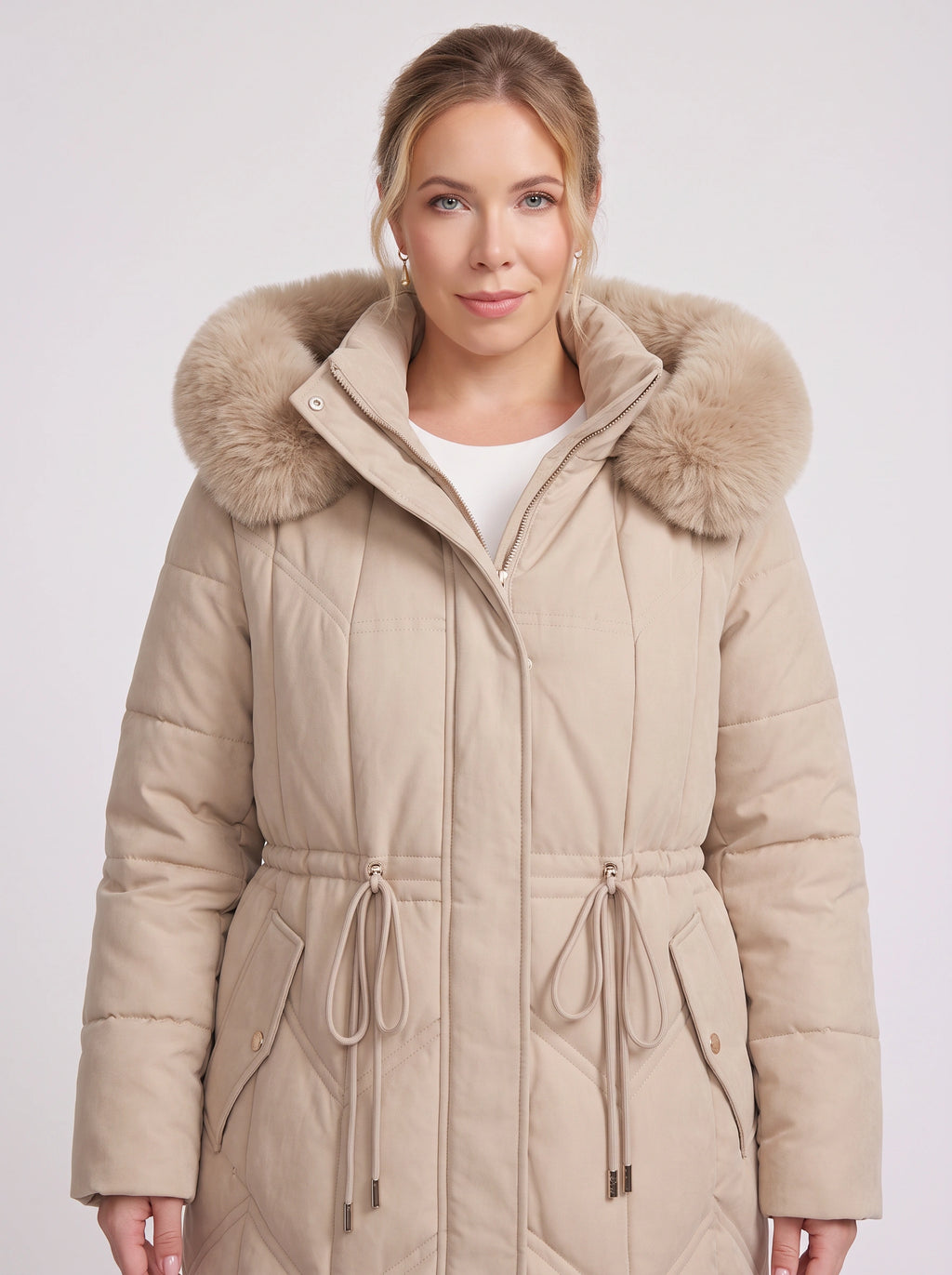 Brenora Faux Fur Hood Longline Puffer Coat – Women Beige Quilted Padded Winter Jacket Outerwear