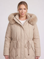 Brenora Faux Fur Hood Longline Puffer Coat – Women Beige Quilted Padded Winter Jacket Outerwear