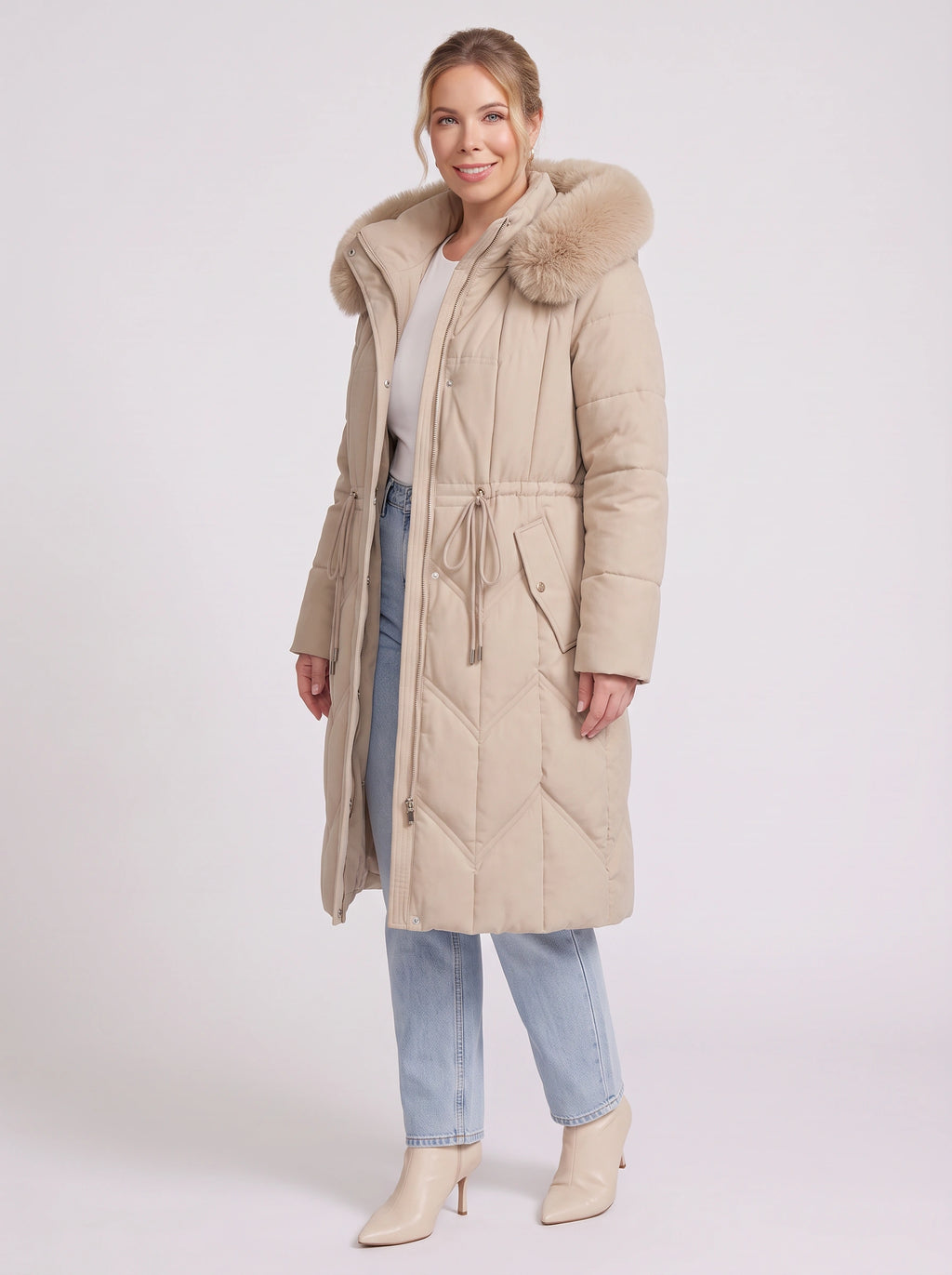 Brenora Faux Fur Hood Longline Puffer Coat – Women Beige Quilted Padded Winter Jacket Outerwear