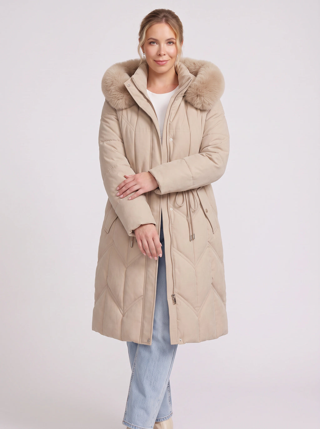 Brenora Faux Fur Hood Longline Puffer Coat – Women Beige Quilted Padded Winter Jacket Outerwear