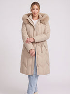 Brenora Faux Fur Hood Longline Puffer Coat – Women Beige Quilted Padded Winter Jacket Outerwear