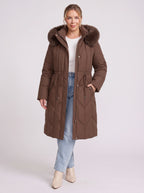 Brenora Faux Fur Hood Longline Puffer Coat – Women Beige Quilted Padded Winter Jacket Outerwear
