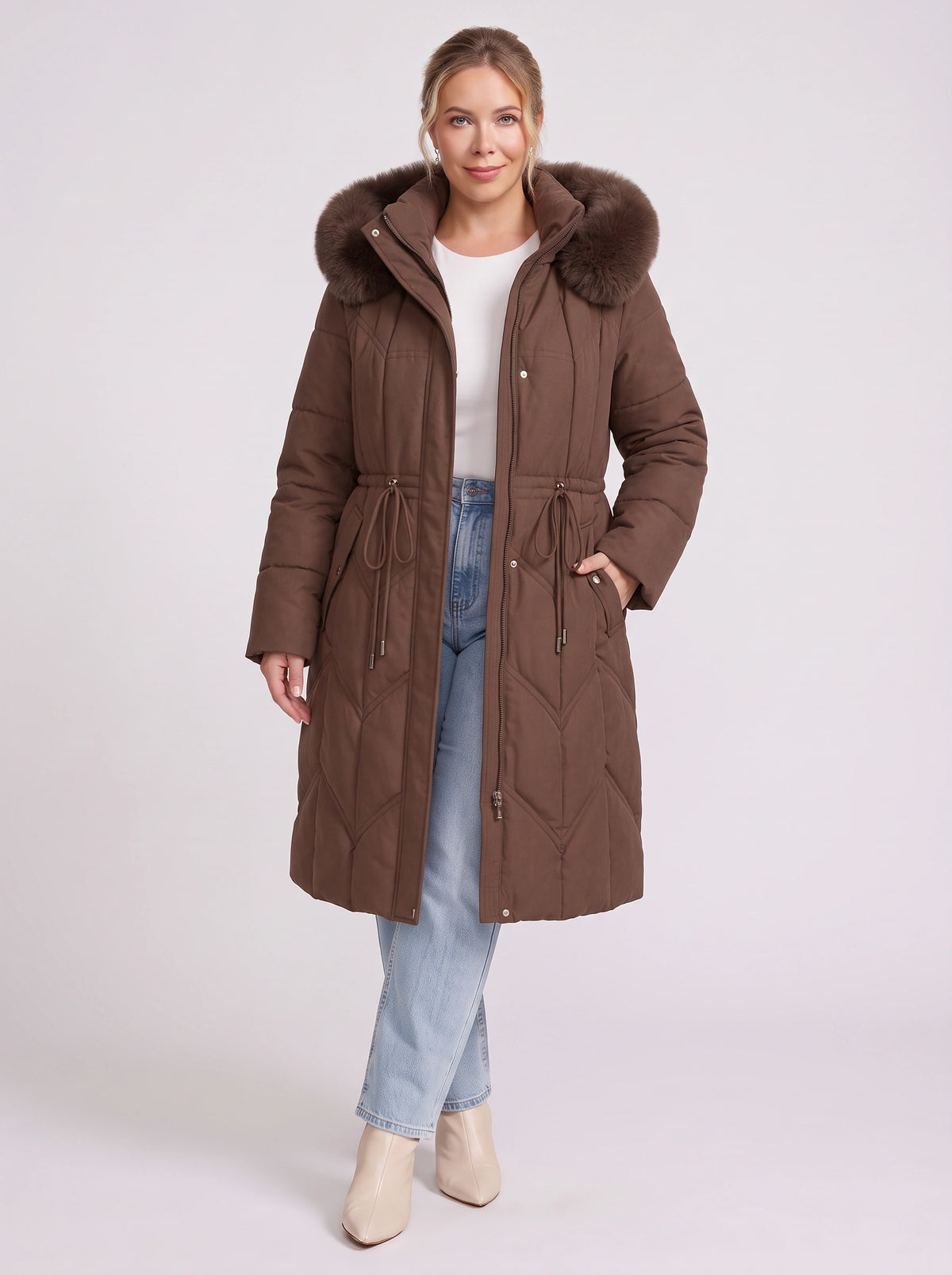 Brenora Faux Fur Hood Longline Puffer Coat – Women Beige Quilted Padded Winter Jacket Outerwear
