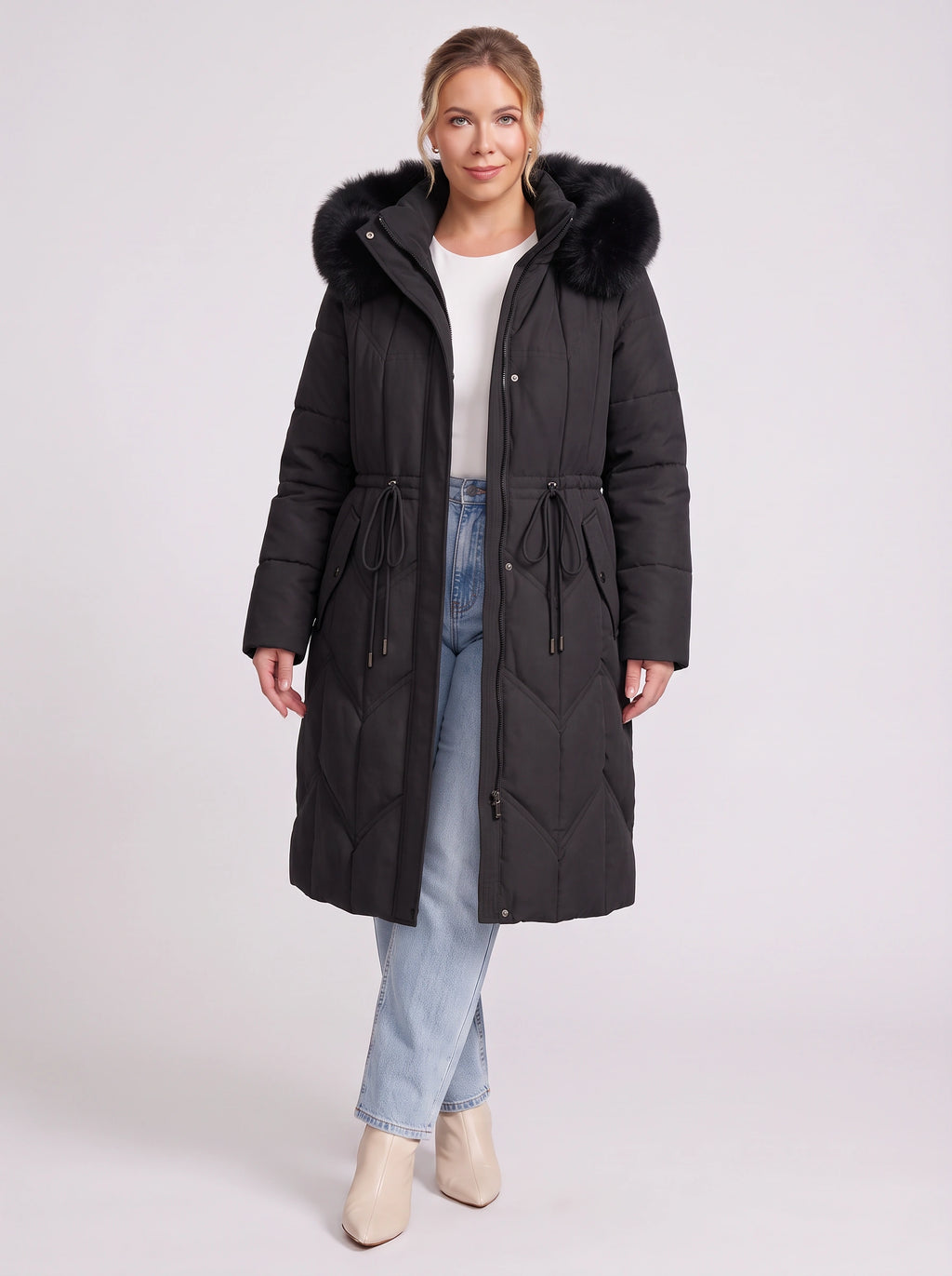 Brenora Faux Fur Hood Longline Puffer Coat – Women Beige Quilted Padded Winter Jacket Outerwear